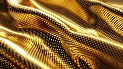 Close-up of a flowing golden carbon fiber texture with reflective waves, creating a luxurious and high-end abstract background