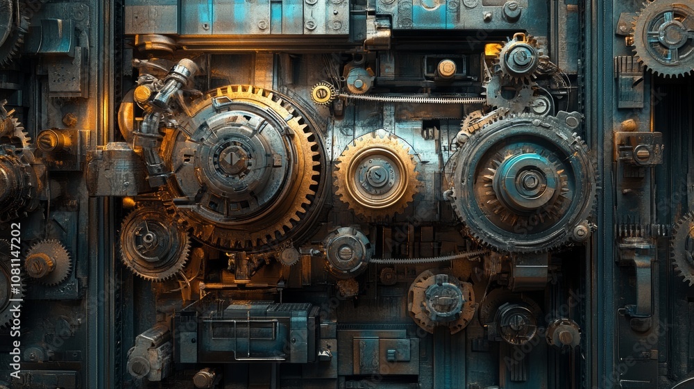 Poster futuristic steampunk machine with intricate gears and cogs, ideal for industrial or sci-fi concepts 