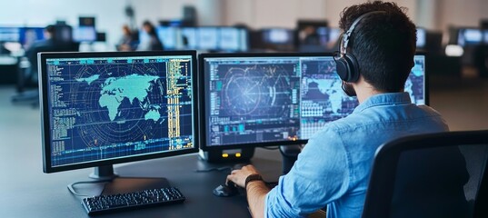 Air Traffic Controller Monitors Flight Information on Digital Screens in an Airport Tower