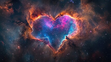 A stunning cosmic heart shape nebula, filled with vibrant hues of blue, pink, and orange, radiating...