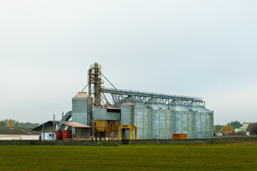 Fototapeta premium silver silos on agro manufacturing plant for processing drying cleaning and storage of agricultural products, flour, cereals and grain. Large iron barrels of grain. Granary elevator