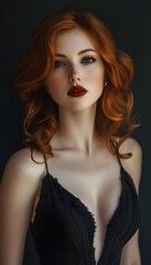 Fototapeta premium Red-haired woman in a vintage-inspired dress with deep neckline