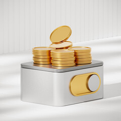 On and off toggle switch button on stack of gold coins. 3D render illustration on podium. white background. 3D Illustration