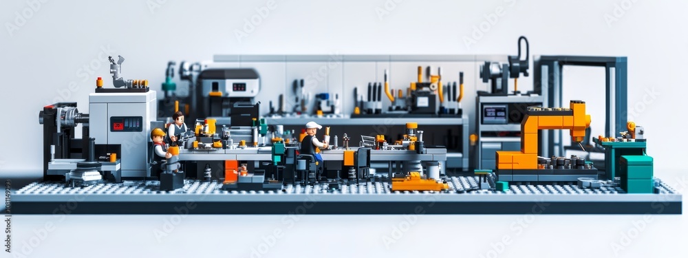 Poster miniature workshop model with detailed machinery and tools for industrial or hobbyist use generative