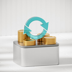3D white transfer arrows icon with gold coin. Mobile banking, Online payment service, Cash back,...