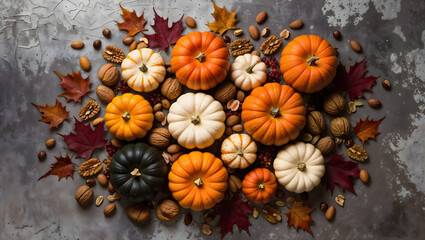 Autumn pumpkins and nuts on a textured background with fall leaves, thanksgiving.