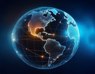 Digital world globe rotating with north america highlighted and connected by orange lines, representing global communication and networking