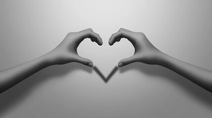 Obraz premium Hands forming a heart shape casting a shadow on a plain background in black and white
