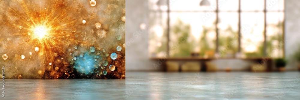 Poster blurred open office space with bokeh lights and an abstract artwork featuring an explosion of colors
