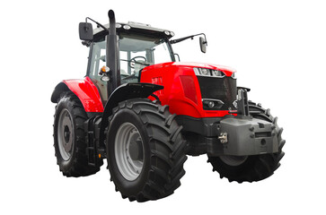 Big red agricultural tractor, front view