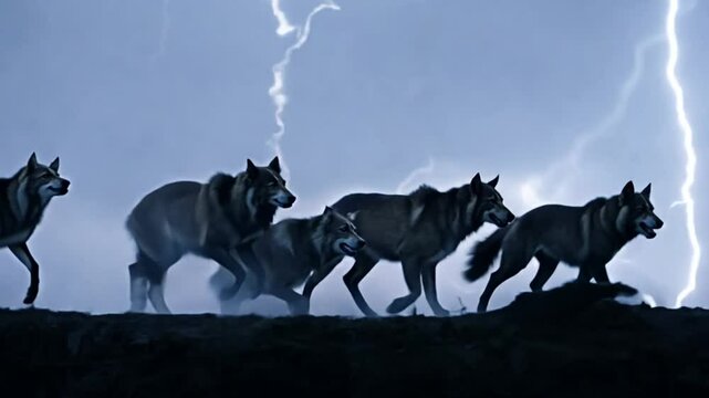 Wolves Running Through a Thunderstorm Under Dramatic Lightning Generative AI