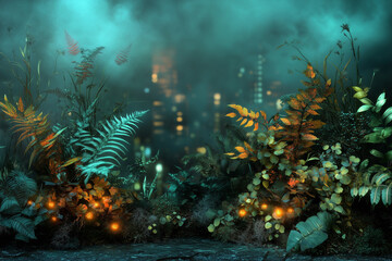 Obraz premium Urban Jungle with Glowing Plants and Cityscape