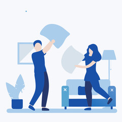 A man and a woman are playing with pillows in a living room. The man is holding a pillow in his hand and the woman is holding another pillow. Scene is playful and lighthearted
