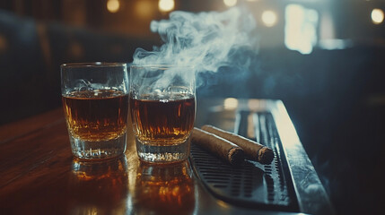 Warm cigars and whiskey glasses create a cozy atmosphere in dimly lit bar
