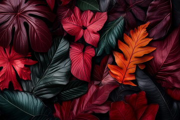 Dark and Moody Botanical Background with Red and Green Leaves