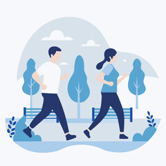 Fototapeta premium A man and a woman are running in a park. The man is wearing a white shirt and blue pants, while the woman is wearing a blue shirt and blue pants. They are both running on a path in the park