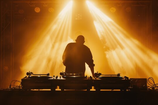 DJ set on a stage  silhouette in a warm backlight with two turntables