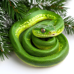 A green tree python nestled among snowy evergreen branches in a tranquil indoor setting