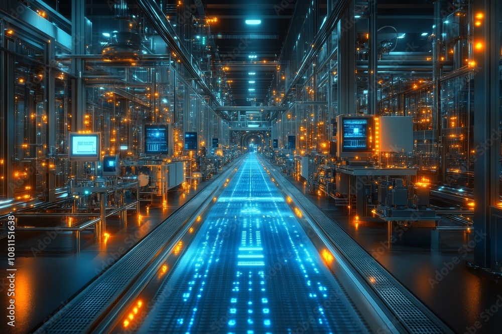 Aufkleber industrial factory line with electronic devices and luminous objects generative ai