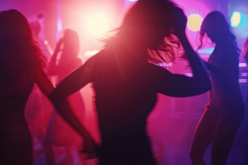 Silhouettes dancing at disco club with DJ  New Year party.