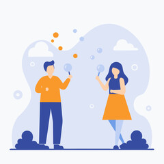 Two people are holding bubbles and looking at each other. Scene is lighthearted and playful