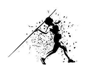 Athletics, javelin throw, distorted woman isolated vector silhouette. Female athlete illustration