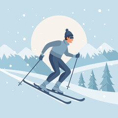 Male character on skis on mountain winter landscape background. Winter sport, outdoor sport activity. Flat illustration