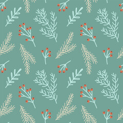 Fototapeta premium Seamless pattern with Christmas tree branches and rowan berries. Christmas background. Illustration.