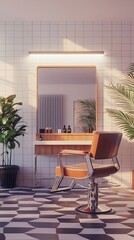 Hyper-Realistic Photo of a Modern Hair Salon with Mirror Background