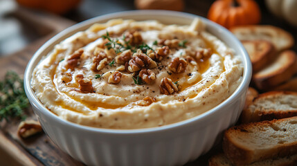 Delicious pumpkin whipped feta dip served with crunchy bread slices
