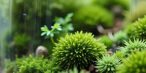 Close-up of lush green moss and plants in a terrarium environment for botanical art and decor