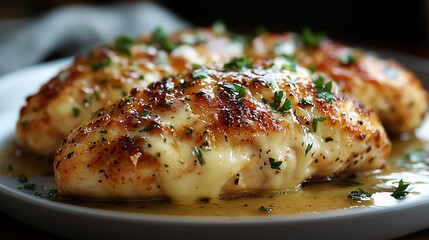 Garlic butter provolone crusted chicken served with fresh herbs on a plate