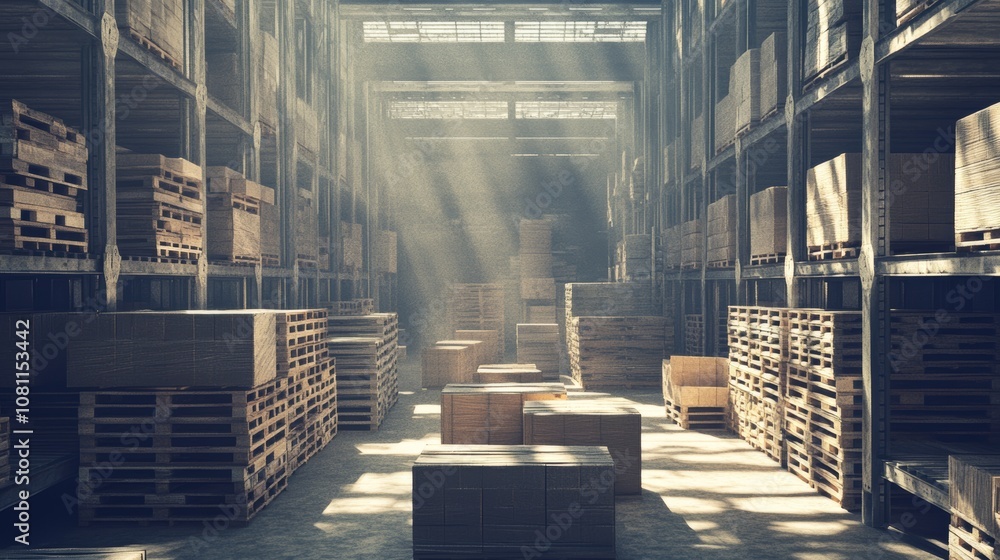 Poster warehouse interior with pallet racks and pallets for logistics and storage concepts generative ai