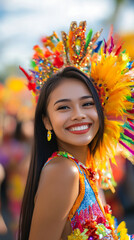 Fototapeta premium Smiling young woman in vibrant headdress and costume enjoys colorful festival celebration