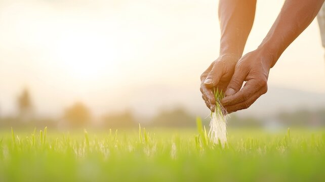 A group of Indian farmers, both men and women, working together in a lush green rice field under the sun