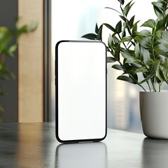Minimalist smartphone mockup with a white screen on a modern table, customizable for app displays. Soft natural light highlights a clean, techy, professional atmosphere.