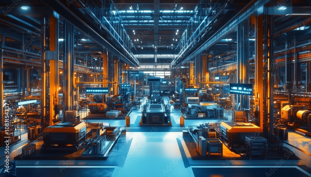 Poster high-tech manufacturing facility with robotic assembly lines generative ai