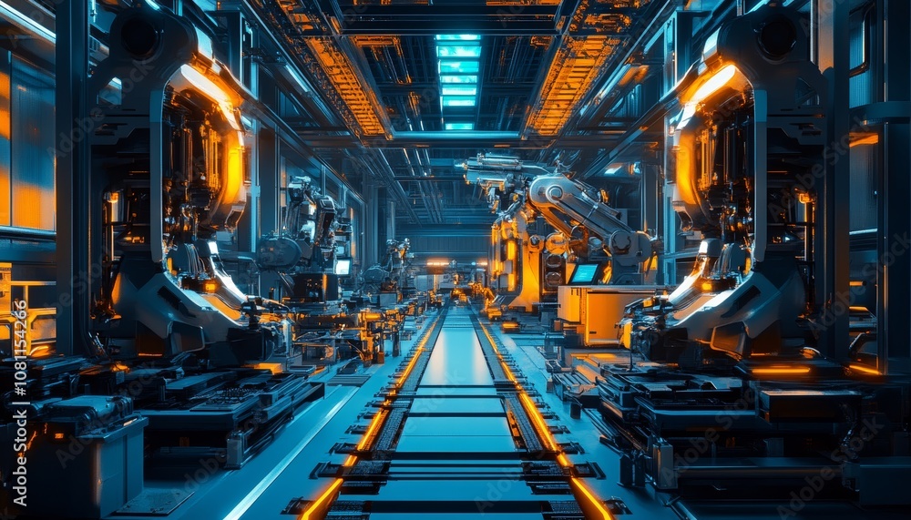 Poster high-tech manufacturing facility with robotic assembly lines generative ai
