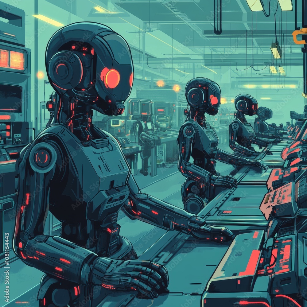 Poster robot production line in a high-tech factory setting, ideal for industrial or futuristic themes gene