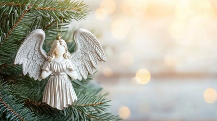 Silver Angel Christmas Ornament Hanging on a Christmas Tree Branch