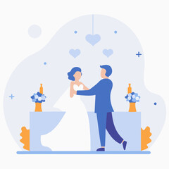 A couple is dancing in a wedding reception. The bride is wearing a white dress and the groom is wearing a blue suit. The scene is set on a dining table with several vases and bottles