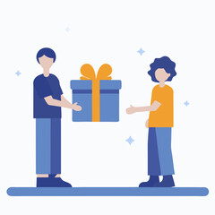A man is holding a gift box and giving it to a woman. Concept of generosity and kindness