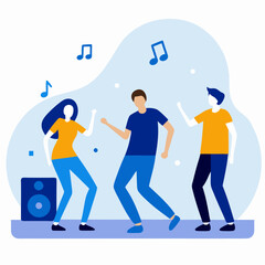 A group of people are dancing to music. The man is wearing a blue shirt and the woman is wearing an orange shirt