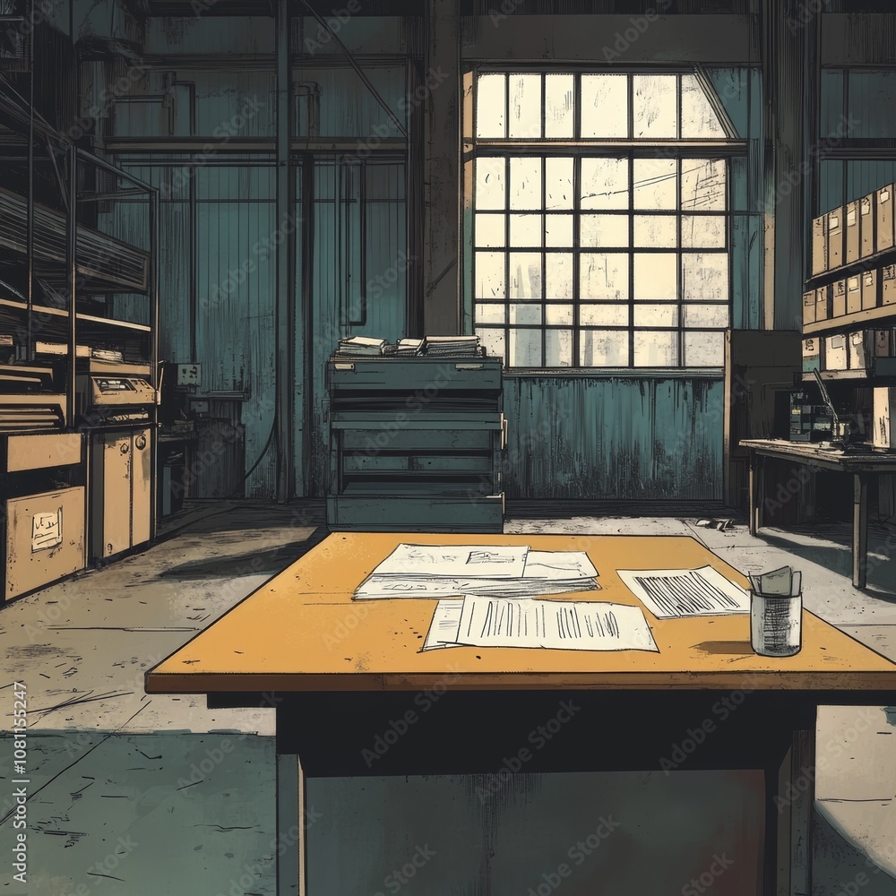 Poster documents on a table in a factory setting, industrial workspace generative ai