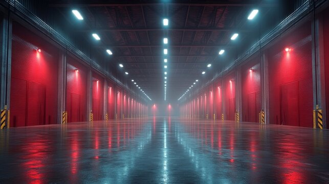 Empty Warehouse Interior with Damp Cement Floor and Fluorescent Lights, Cinematic Lighting for Industrial or Commercial Use Generative AI