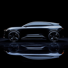 Abstract SUV black car with reflections on the black background. Studio shot 