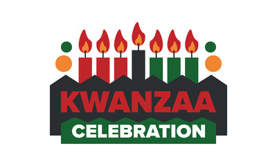 Kwanzaa Happy Celebration. African and African-American culture holiday. Seven days festival, celebrate annual from December 26 to January 1. Black history. Poster, card, banner and background. Vector