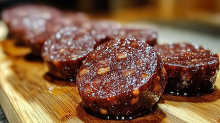Sliced sausage links displayed on a wooden cutting board in warm lighting