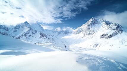 Frozen mountainous landscape. Snow-covered mountain peaks, vast snowy landscape, dramatic cloudy sky, icy terrain, blue-tinted winter scene, majestic alpine vista, crisp white snow and rugged mountain