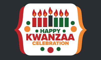 Kwanzaa Happy Celebration. African and African-American culture holiday. Seven days festival, celebrate annual from December 26 to January 1. Black history. Poster, card, banner and background. Vector